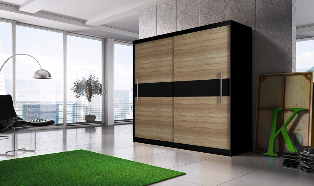 Šatní skříň Thovan (černá + dub sonoma + černý pás)