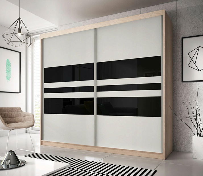 Šatní skříň Mebur 01 230 (dub sonoma + bílá + černé sklo)