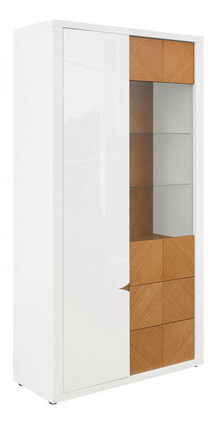 Vitrína BRW Rovika REG1D1W2S (lesk bílý + dub přírodní) (s LED osvětlením)