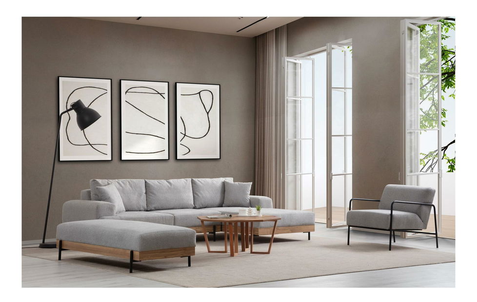 Rohová sedačka Etorella (P) (šedá + dub)