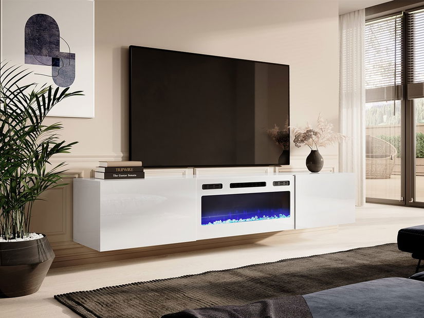 Závěsná TV skříňka s krbem Kdy 200 (bílá + lesk bílý)
