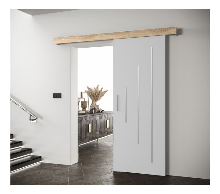 Posuvné dveře 90 cm Sharlene Y (bílá matná + dub sonoma + stříbrná)