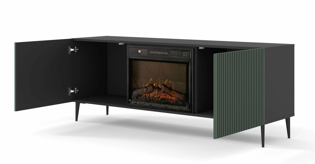 TV skříňka/stolek s elektrickým krbem FPB 2D 170 C Rowanna (černá + tmavě zelená)