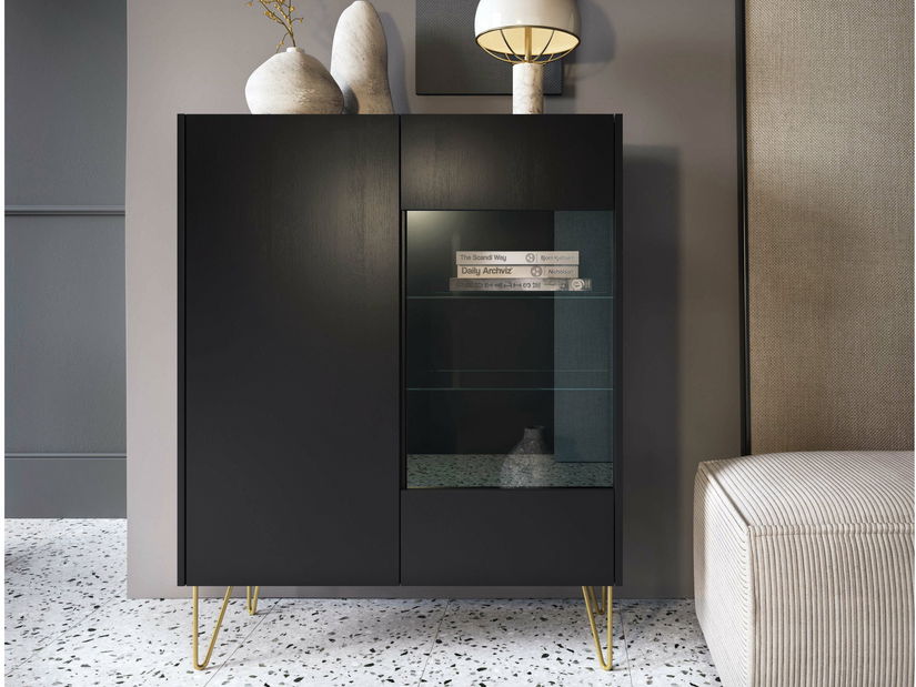 Vitrína Harvest WT97 (grafit černý + mramor black royal + zlatá)