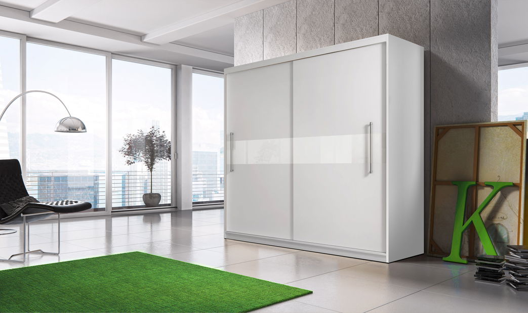 Šatní skříň Thovan (bílá + bílá + bílý pás)