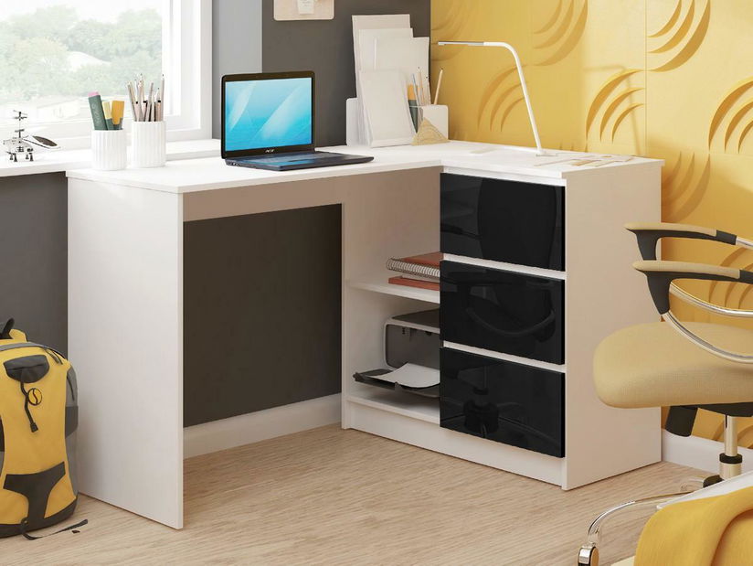 Rohový PC stolek Bodhi (bílá + lesk černý) (P)