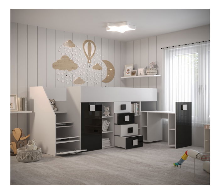 Dětská kombinovaná postel 90 cm Toreno 3 (bílá + bílý lesk + černý lesk) (L)