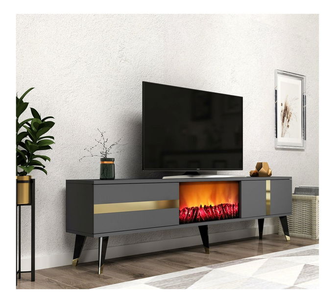 TV stolek/skříňka s krbem Vekika 3 (antracit + zlatá)