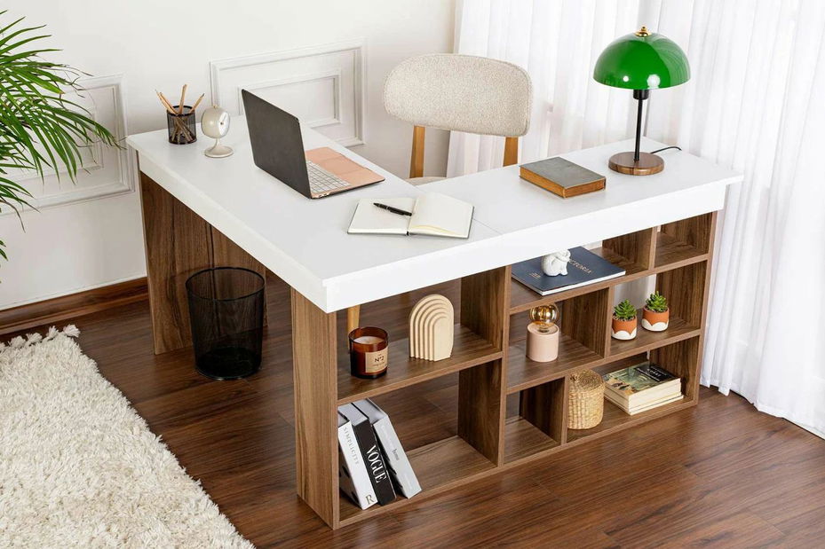 Rohový PC stolek Cete (ořech + černá)