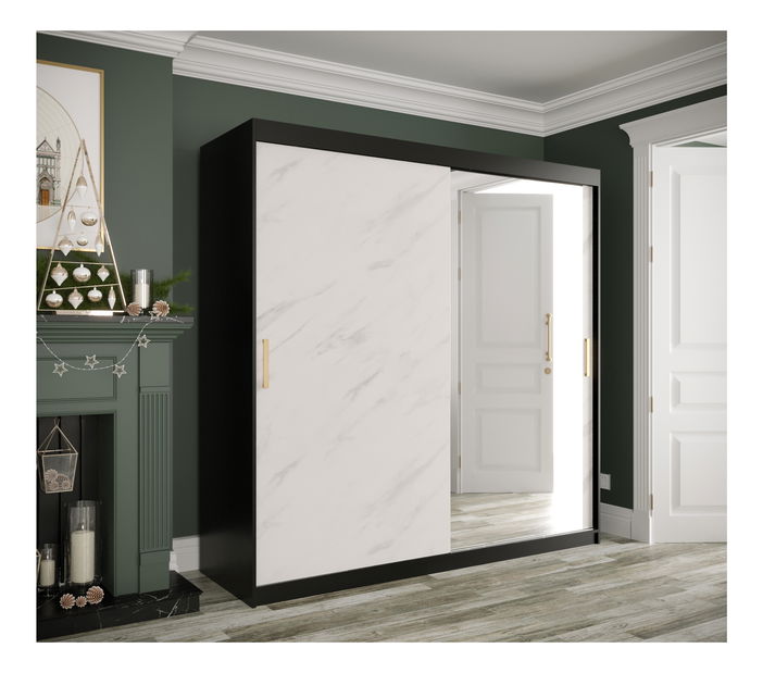 Šatní skříň 200 cm Marbelo T2 (matná černá + bílý mramor)