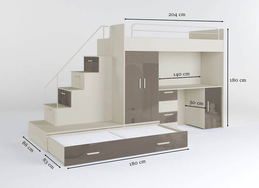 Dětská postel Ruby V (kašmír + lesk šedý) (s rošty)
