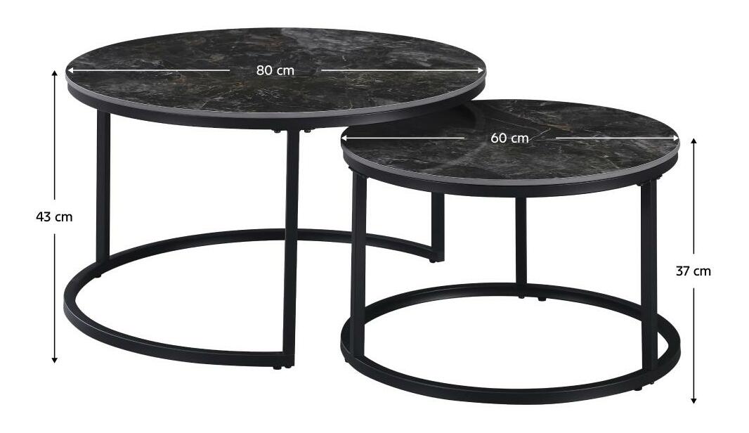 Set 2 ks konferenčních stolků Lastras (černý mramor + černá ocel)