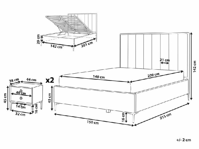 Manželská postel 140 cm s nočními stolky Saturnino (modrá) (s roštem a úložným prostorem)