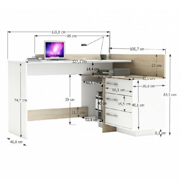 Rohový PC stolek Teny (bílá + dub sonoma)