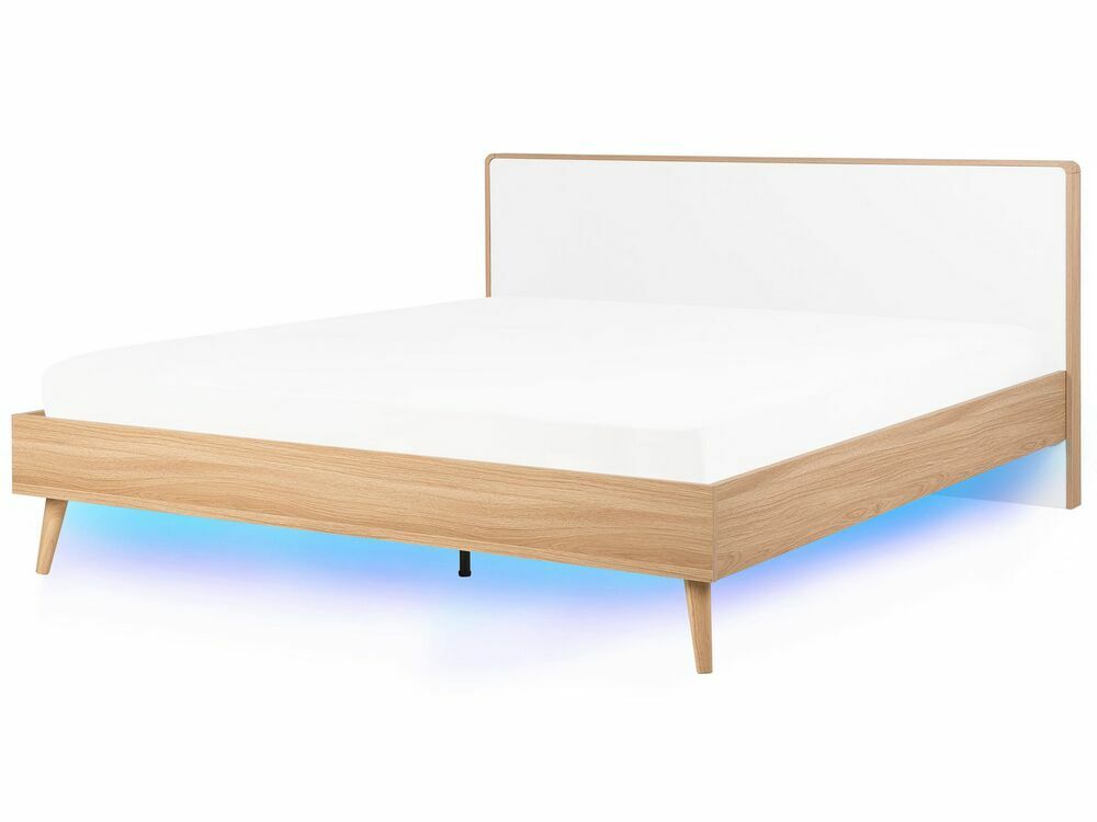 Manželská postel 180 cm SERVI (s roštem a LED osvětlením) (světlé dřevo)