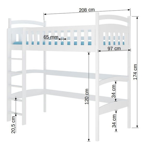 Patrová dětská postel 200x90 cm Milo (s roštem a matrací) (bílá)
