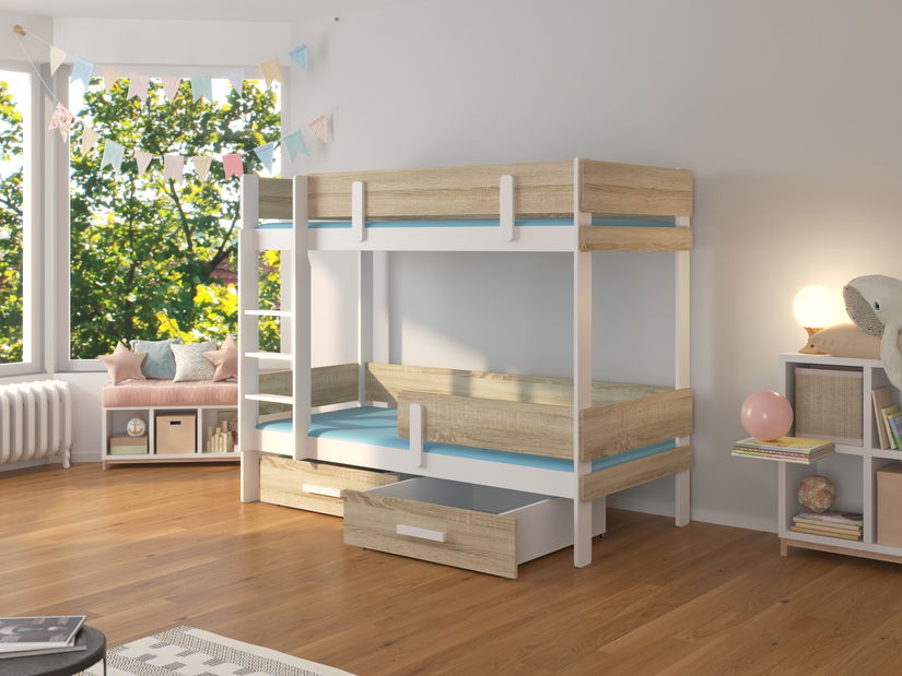 Patrová dětská postel 180x80 cm Ellen (s roštem a matrací) (bílá + dub sonoma)