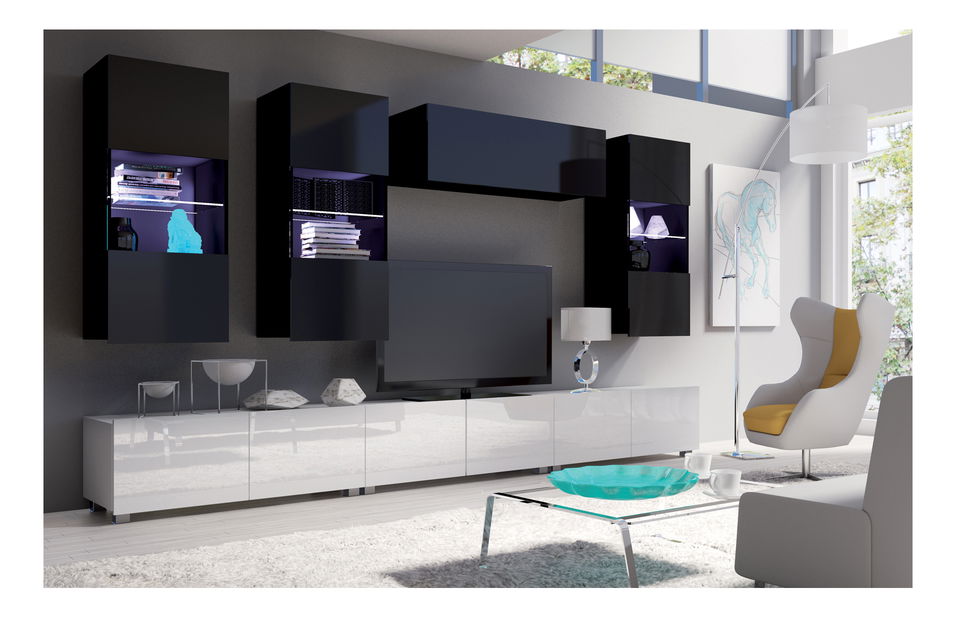 Obývací stěna Calabria C11 (Černý lesk + bílý lesk) (bez osvětlení)