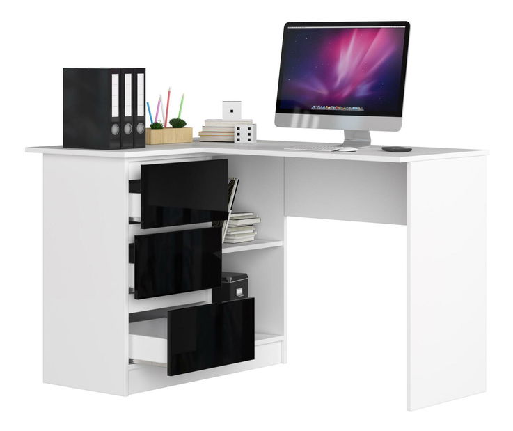 Rohový PC stolek Bodhi (bílá + lesk černý) (L)
