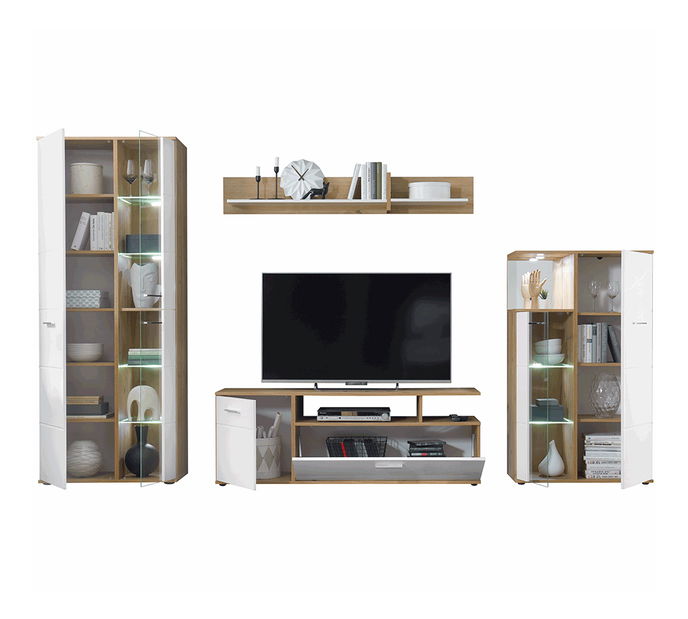 Obývací stěna Ralano (vysoký lesk bílý + dub artisan) (s LED osvětlením)