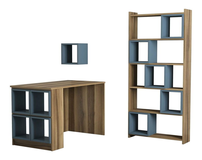 PC stolek s regálem Blanchet (ořech + modrošedá)