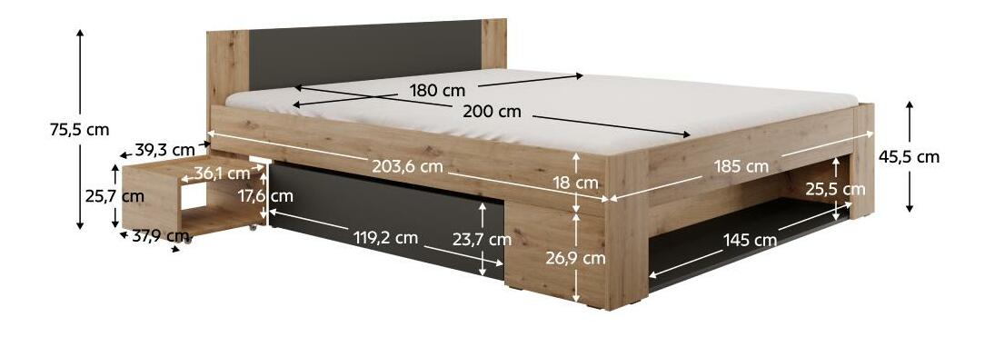 Manželská postel 180 cm Uniforme (dub artisan + antracit) (s úl. prostorem)