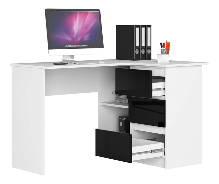 Rohový PC stolek Bodhi (bílá + lesk černý) (P)