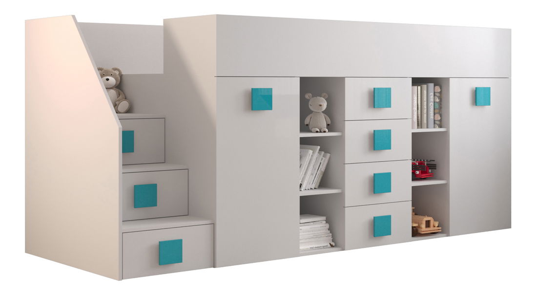 Dětská kombinovaná postel 90 cm Toreno 3 (bílá + bílý lesk + tyrkysová lesklá madla) (L)