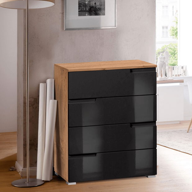Zásuvková komoda Merissa typ 4 (černý lesk + dub wotan)