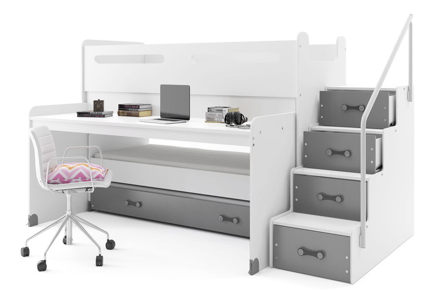 Patrová postel 80 x 200 cm Moxxo 1 (bílá + grafit) (s rošty, matracemi a úl. prostorem)