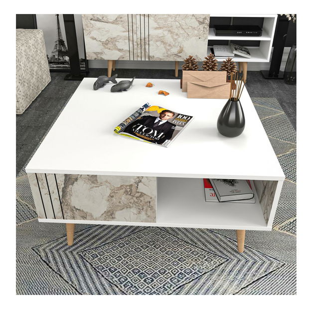 Konferenční stolek Ronasotta 1 (bílá + kámen + dřevo)