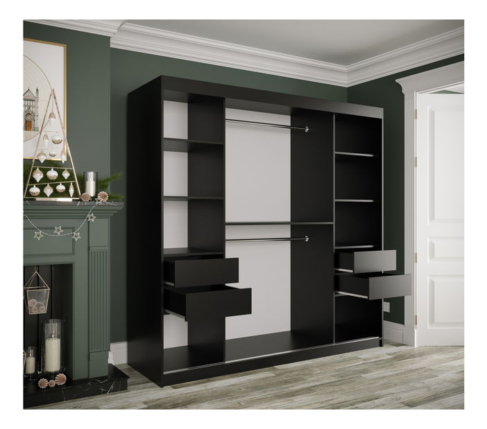 Šatní skříň 200 cm Marbelo P (matná černá + bílý mramor)