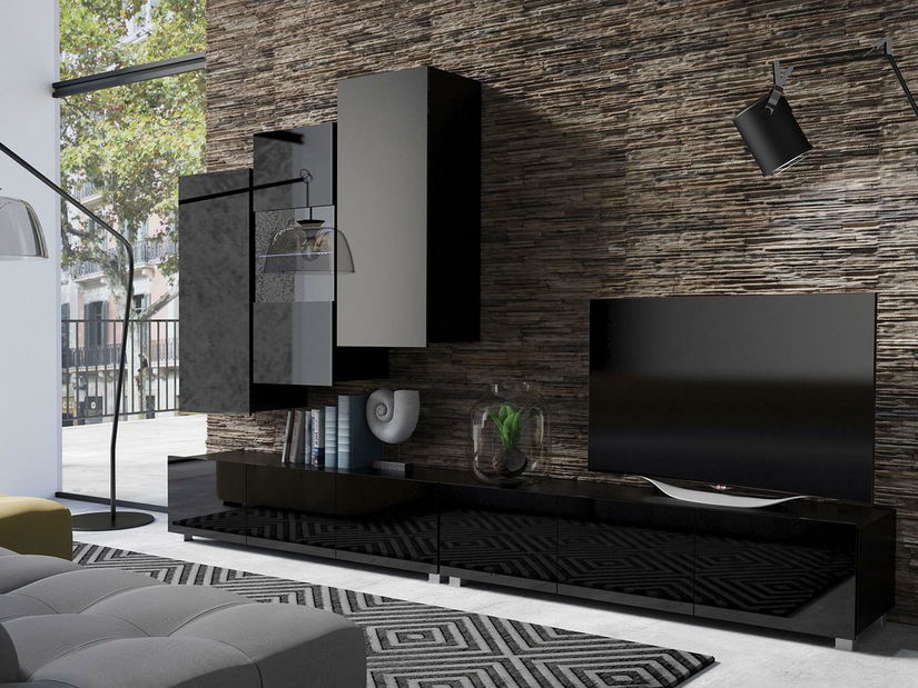 Obývací stěna Calabria 2 (černá matná + lesk černý) (s osvětlením)