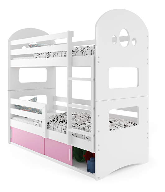Patrová postel 80 x 190 cm Domur (bílá + růžová) (s rošty, matracemi a úl. prostorem)