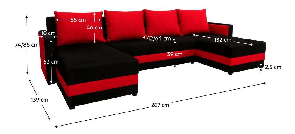 Rohová sedačka ve tvaru U Paulati (černá + červená) (s úl. prostorem)