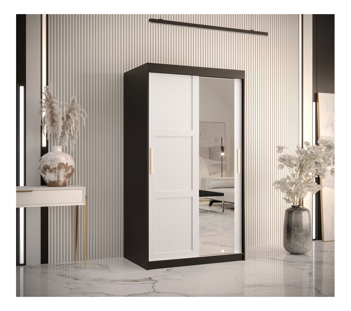 Šatní skříň Riven 2 100 (černá matná + bílá matná) (se zrcadlem)
