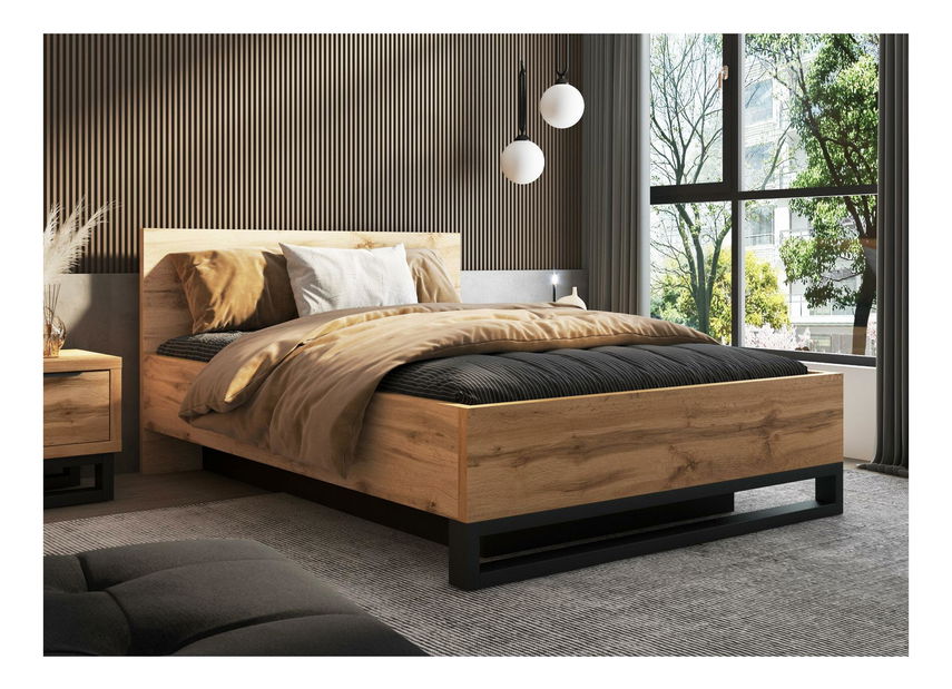 Manželská postel Helles 140 (dub wotan + černá) (s roštem) (s úložným prostorem)