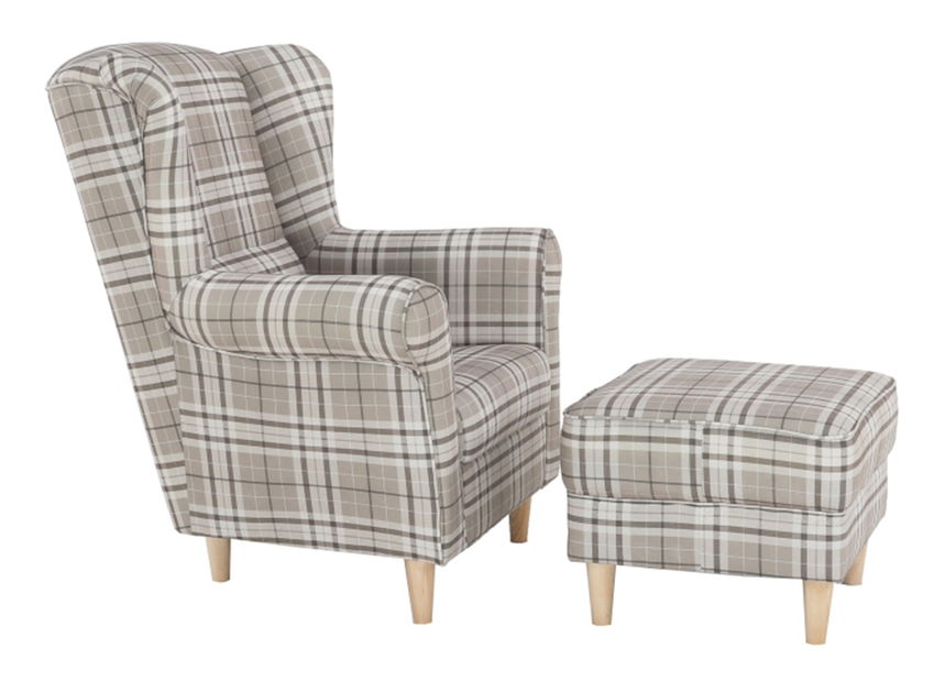 Křeslo ušiak s taburetem Aevo (hnědé káro)