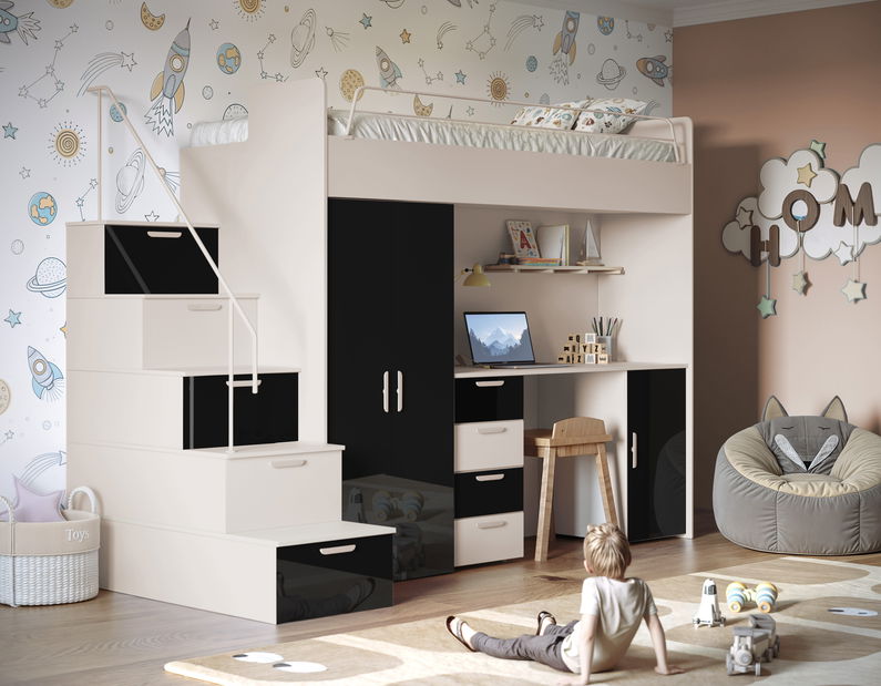 Dětská postel Ruby IV S (kašmír + lesk černý) (s rošty)