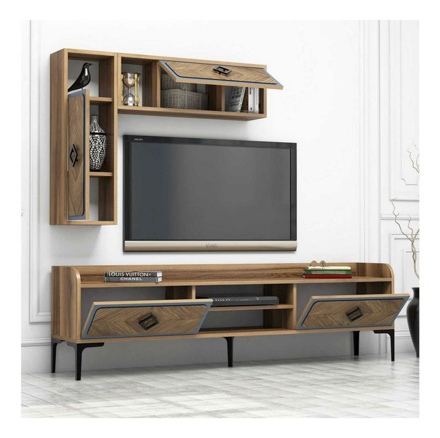 Sestava nábytku do obývacího pokoje Simba (ořech + modrá)