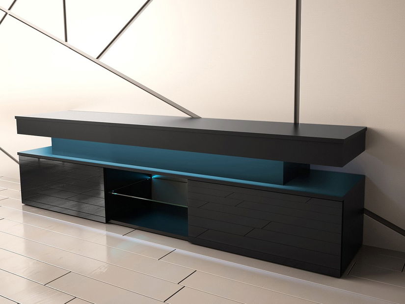 TV skříňka Lesteralo 2D 190 (černá + lesk černý) (s modrým LED osvětlením)