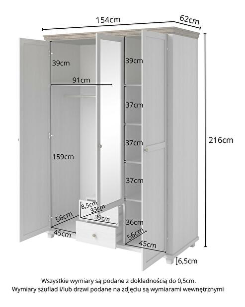 Šatní skříň so zrkadlom Elvina S Typ 19 (bílý popol + dub lefkas)