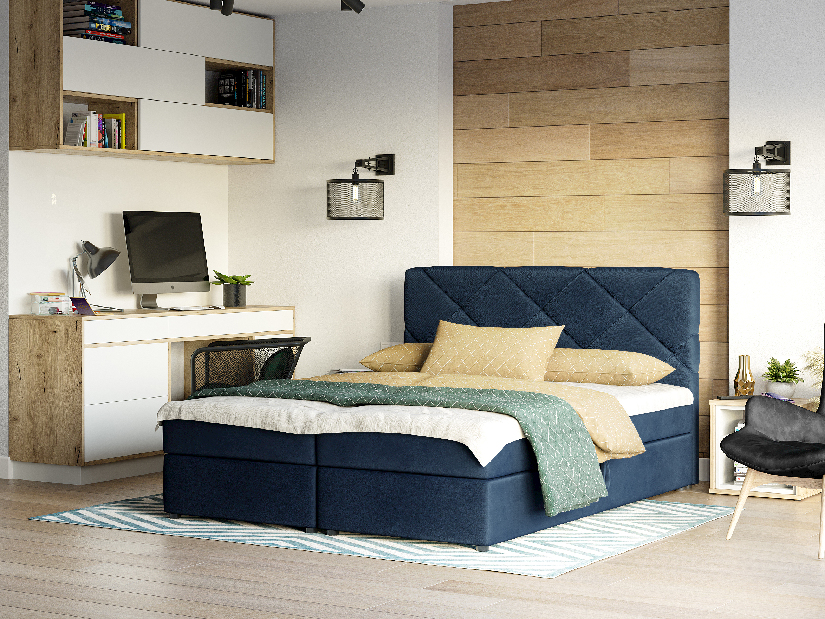 Boxspring postel 140x200 cm Karum Comfort (tmavě modrá) (s roštem a matrací)