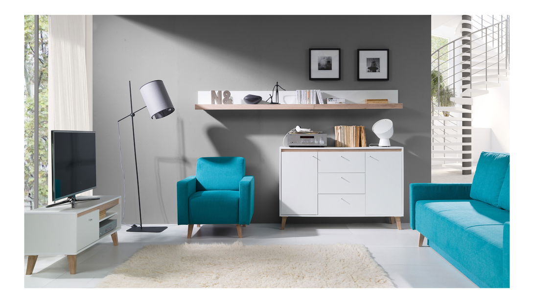 Komoda Ovio K2D3SZ (bílá matná + dub san remo jasný)