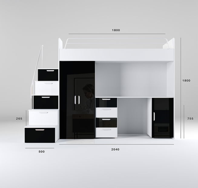 Dětská postel Ruby IV S (Bílá + Černá) (s rošty)