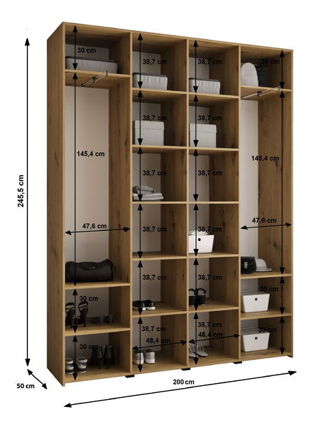 Šatní skříň 200 cm Carmela 50-3 (bílá + zlatá)
