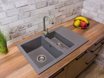 Kuchyňský dřez Dortuna (šedá) (se 2 otvory pro baterii) (P)
