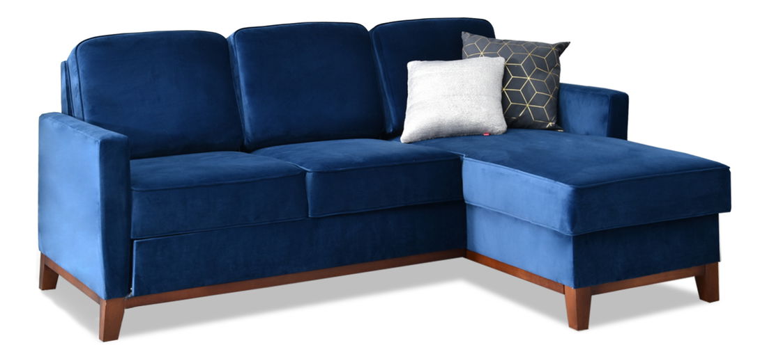 Rohová sedačka Biblioteca (tmavě modrá + ořech)