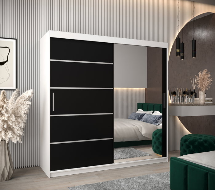 Šatní skříň 250 cm se zrcadlem Verika 2 250 (bílá + černá)