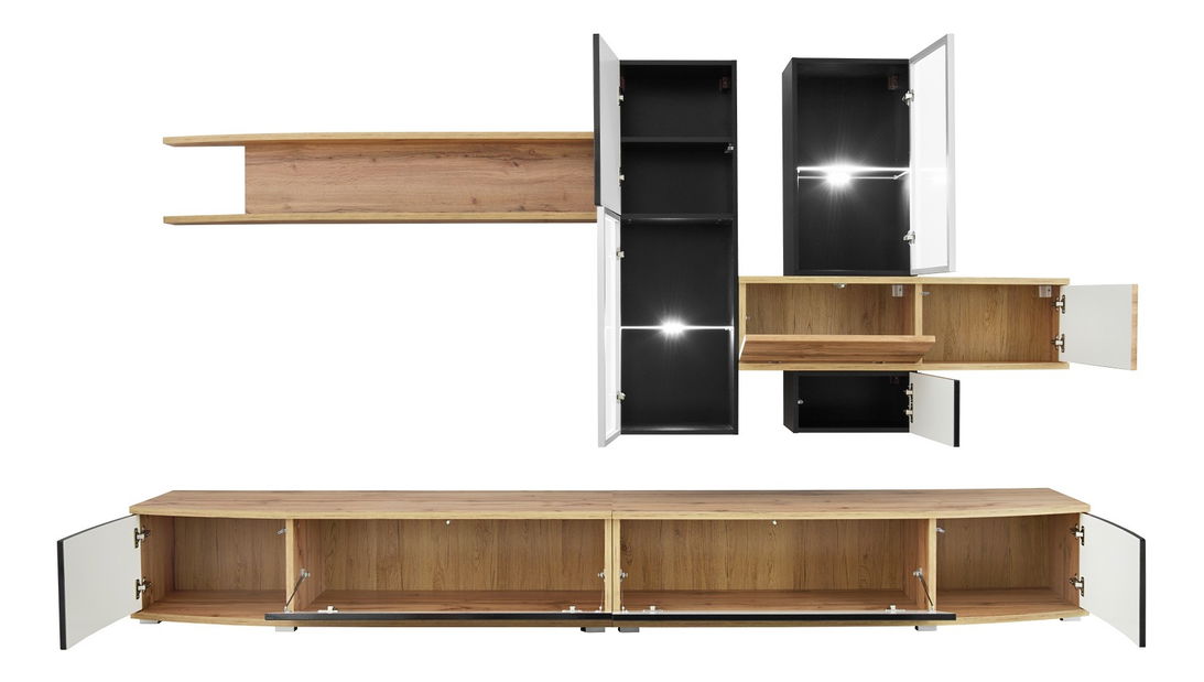 Obývací stěna Maire 29 WTS MH (dub wotan + černá + stříbrný hliník) (s osvětlením)